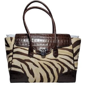 Lauren Ralph Lauren Zebra Canvas Croc Embossed Leather Satchel Bag 431969469001